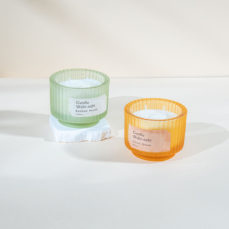 Cốc nến thủy tinh tròn nến thơm sọc dọc-nhà cung cấp nến sáp đậu nành sinh thái