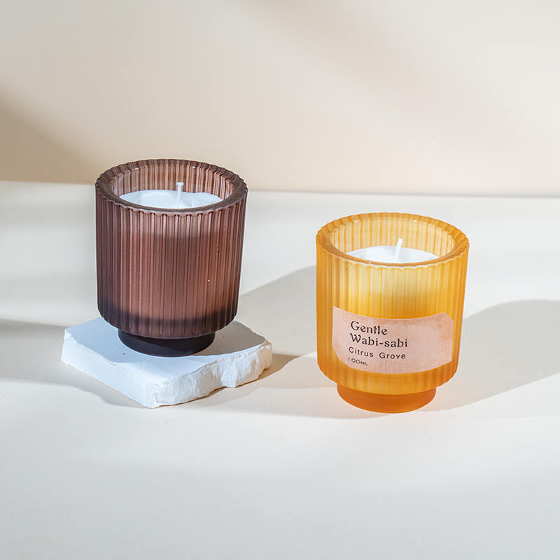 Cốc nến thủy tinh tròn nến thơm sọc dọc-nhà cung cấp nến sáp đậu nành sinh thái